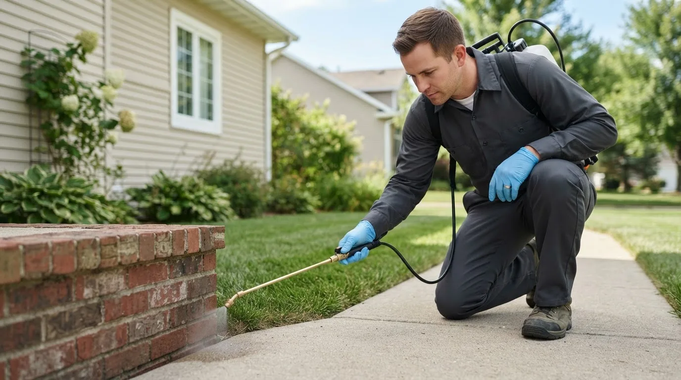 Pest control technician treating a home near Lower Salem, OH